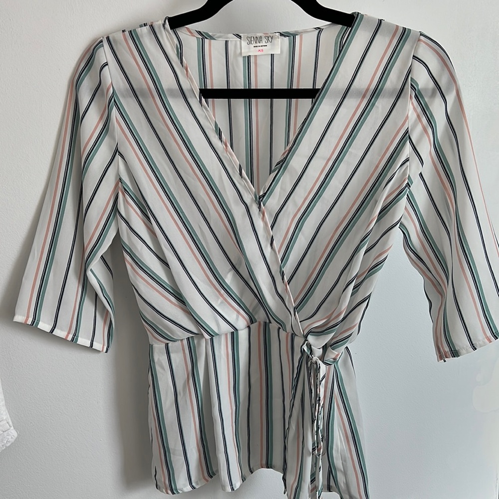 Sienna Sky XS white with  Seafoam Green, pink, and navy Faux Wrap Blouse